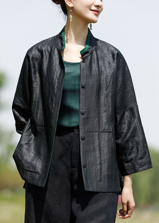 Boutique Black Green Side Open Low High Design Stand Collar Wear on Both Sides Silk Coats Spring