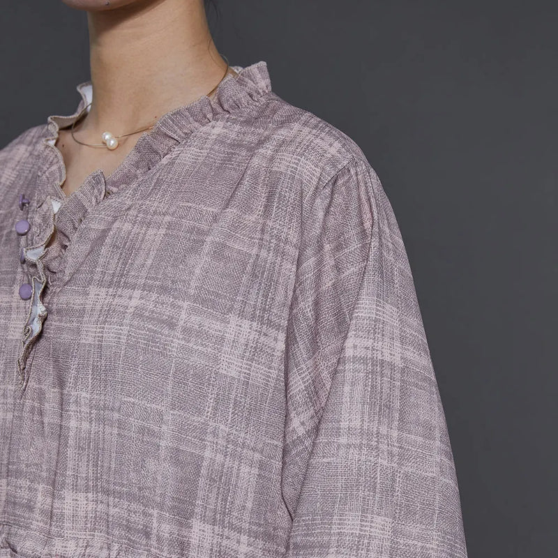 Art Grey Ruffled Drawstring Cotton Long Dress Summer
