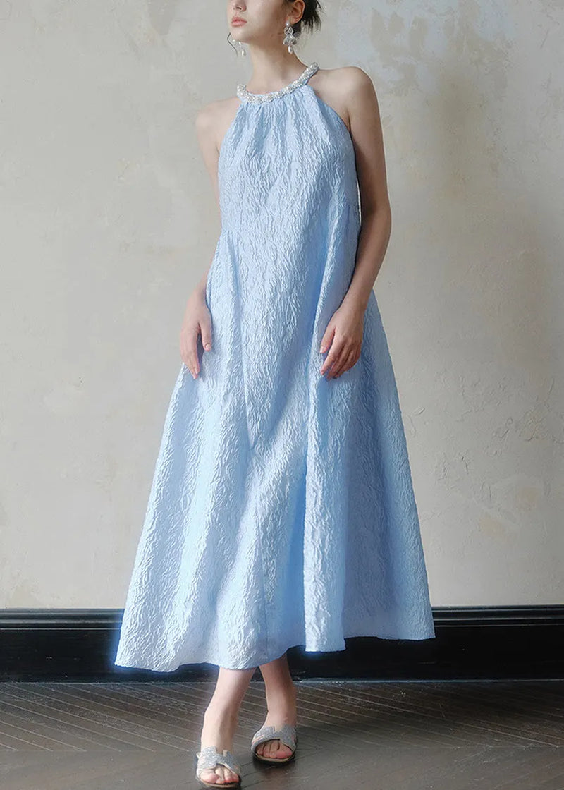 Jacquard Blue Halter Beading Maxi Dress Summer
