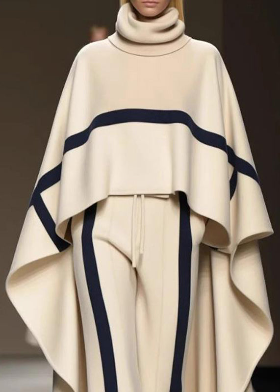 Stylish Beige Turtleneck Striped Top and Pants Two Pieces Set Batwing Sleeve Winter