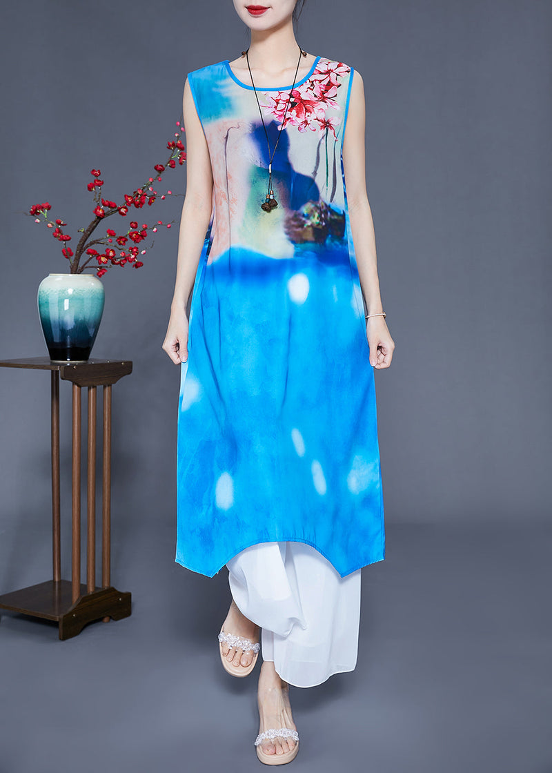Blue Stand Collar Oversized Print Silk Two Pieces Set Summer