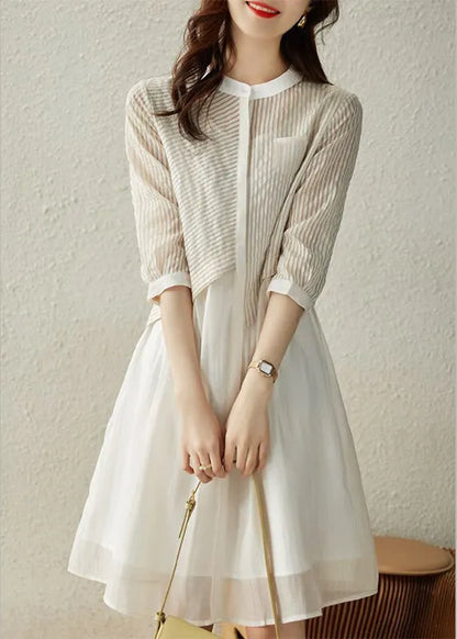 Blue O-neck Striped Patchwork Fake Two Pieces Button Long Dress Summer