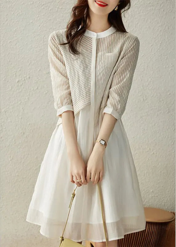 Blue O-neck Striped Patchwork Fake Two Pieces Button Long Dress Summer