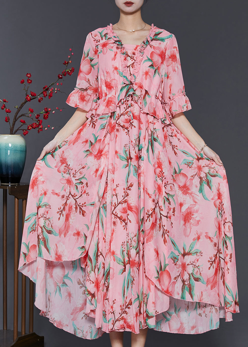 Pink Ruffled Print Exra Large Hem Chiffon Dresses Summer