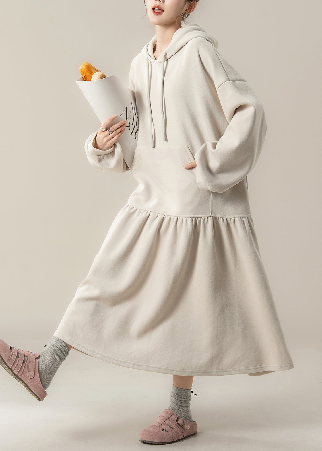 Apricot Patchwork Cotton Hooded Dresses Fall