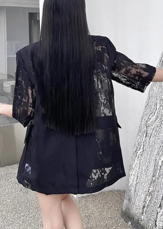Loose Black Pockets Back Side Open Thin Cotton Coat Summer