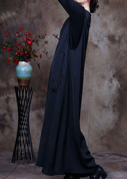 Black V Neck Pockets Silk Maxi Dresses Sleeveless