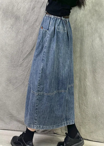 Grey Blue Pockets Patchwork Denim Skirts Spring