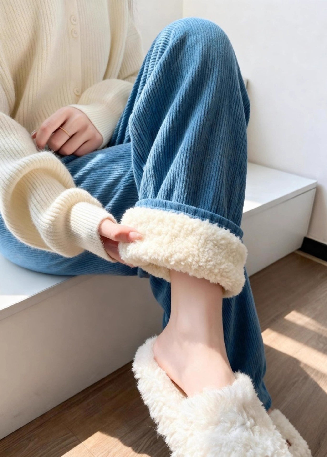 French Blue Patchwork High Waist Corduroy Wide Leg Fleece Pants Winter
