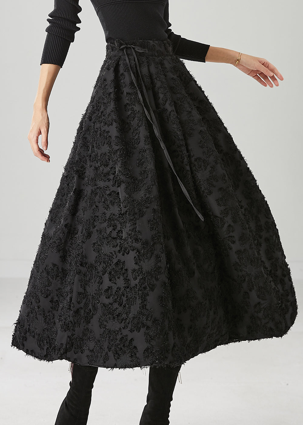 Boutique Black Tie Waist Cotton a Line Skirt Fall