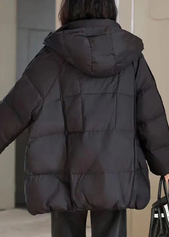 Natural Black Stand Collar Pockets Hooded Puffer Jacket Winter