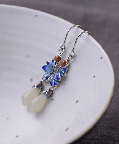 Boutique Blue Lotus Silver Jade Drop Earrings
