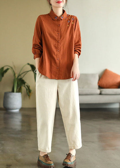 Diy Orange Turn-down Collar Embroideried Cotton Shirts Spring