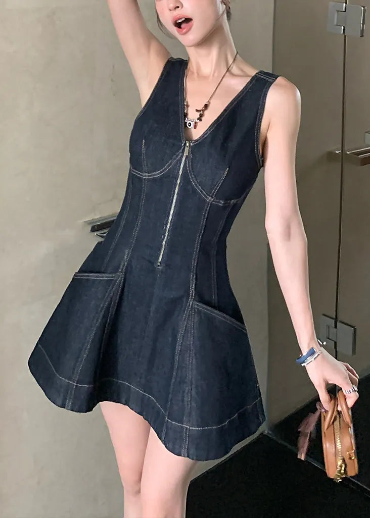 Original Design Navy V Neck Zippered Denim Mini Dresses Sleeveless