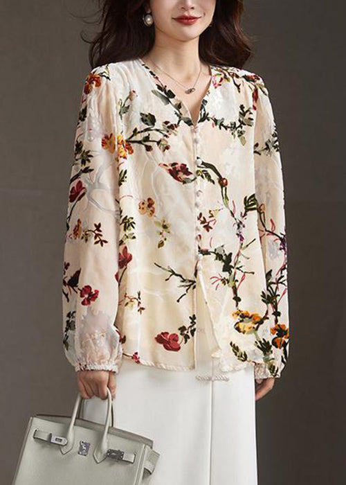 Apricot V Neck Button Print Silk Velour Shirt Spring