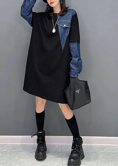 Black O-neck Denim Patchwork Cotton Robe Dresses Fall