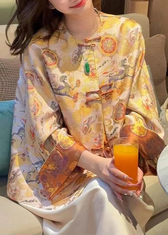 Chinese Style Yellow O-neck Button Silk Coats Spring
