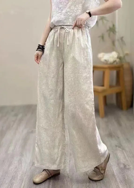 Khaki Elastic Waist Linen Straight Pants Summer
