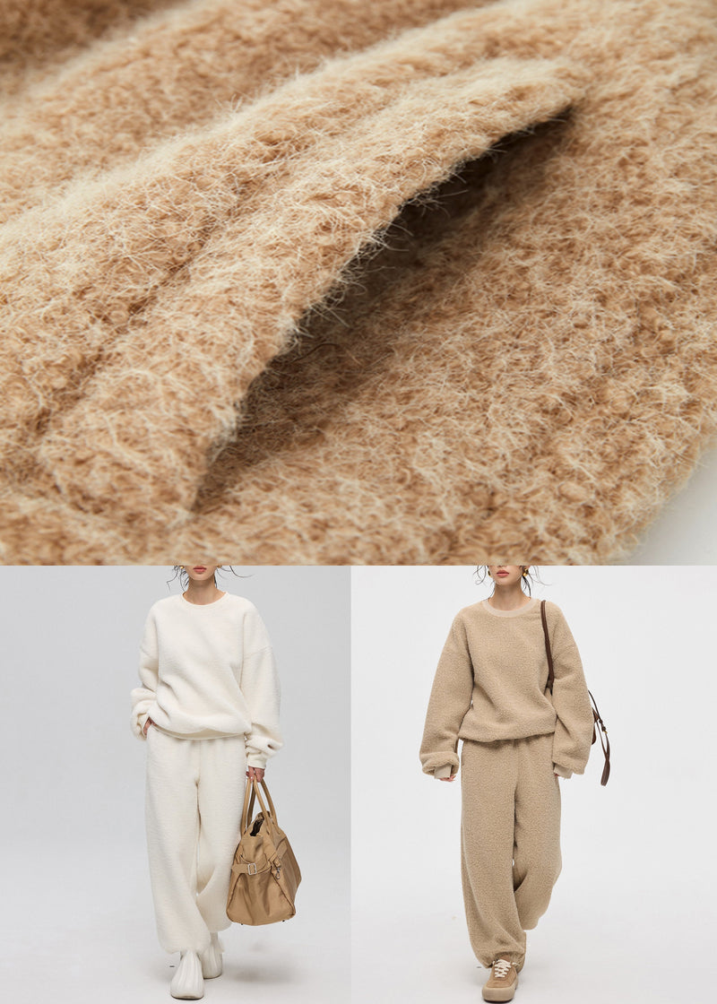 Loose White O-neck Button Teddy Faux Fur Three Pieces Set Winter