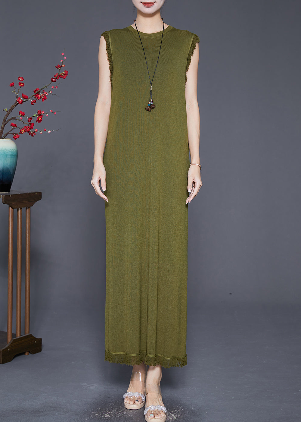 Army Green Tasseled Slim Fit Knit Dresses Sleeveless