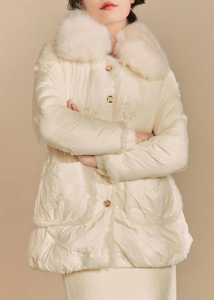 Beige Fur Collar Button Duck Down Puffer Coat Winter