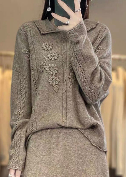 Boutique Beige Peter Pan Collar Ruffled Patchwork Wool Knit Sweaters Spring