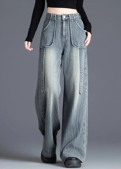 French Blue Pockets Jacquard Patchwork Denim Straight Spring