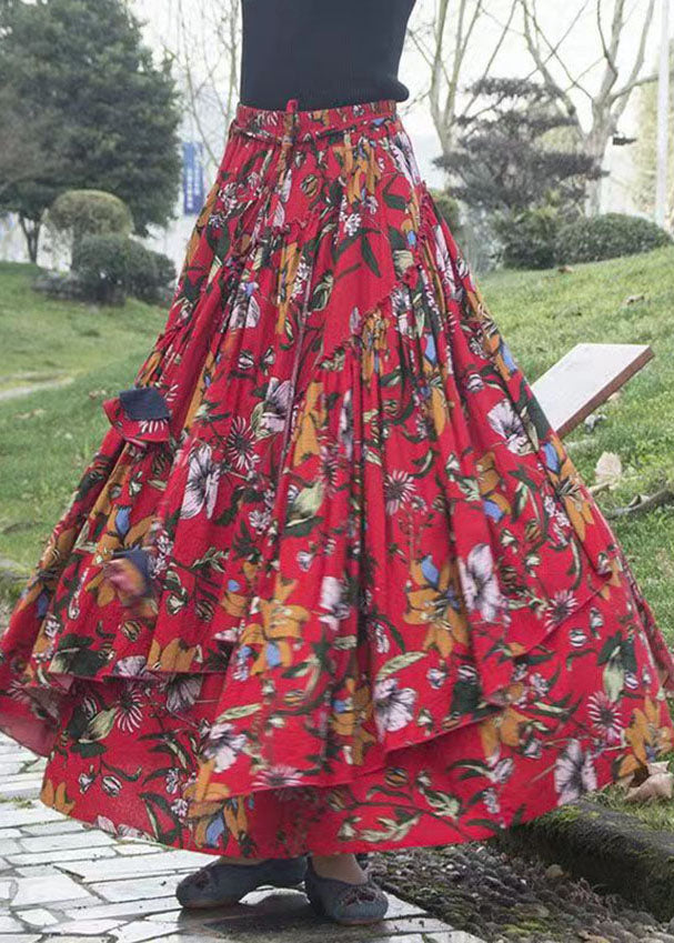 Classy Red Ruffled Patchwork Tie Waist a Line Skirt