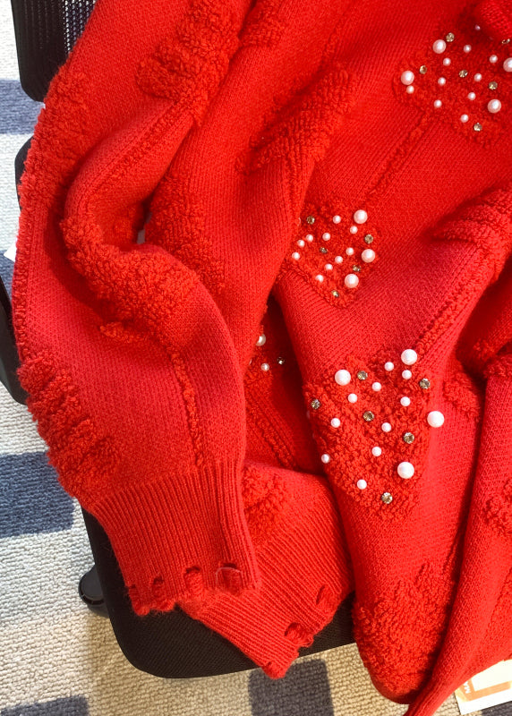 Loose Red O-neck Nail Bead Patchwork Cotton Knit Sweaters Spring