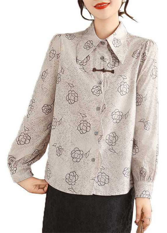Apricot Peter Pan Collar Print Cotton Shirt Tops Spring