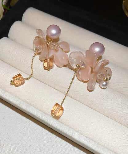 Pink Sterling Silver Overgild Crystal Pearl Tassel Drop Earrings