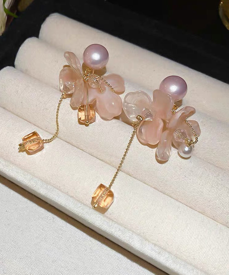 Pink Sterling Silver Overgild Crystal Pearl Tassel Drop Earrings