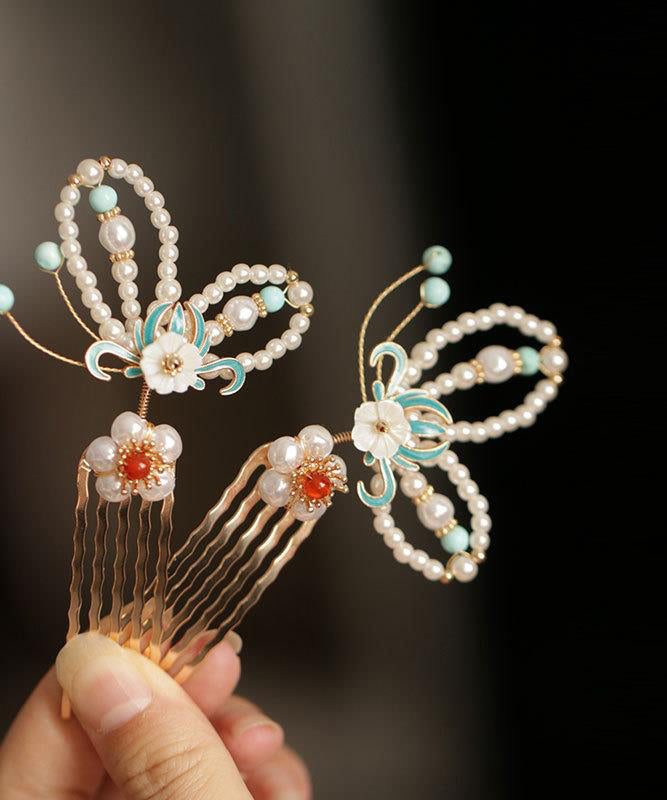 Colorblock Copper Pearl Crystal Cloisonne Butterfly Hairpin