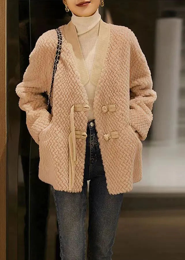 Grey V Neck Pockets Button Patchwork Wool Coat Winter