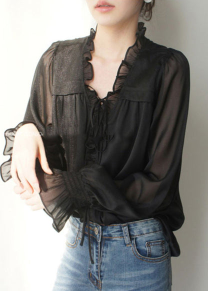French Black V Neck Ruffled Silk Shirts Spring