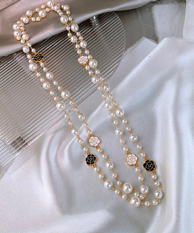 White Sterling Silver Alloy Pearl Camellia Gratuated Bead Necklace