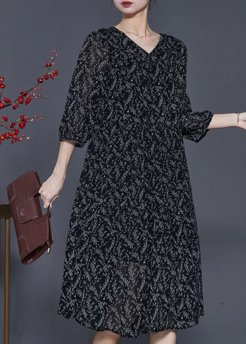 Black Oversized Print Chiffon Dress Half Sleeve