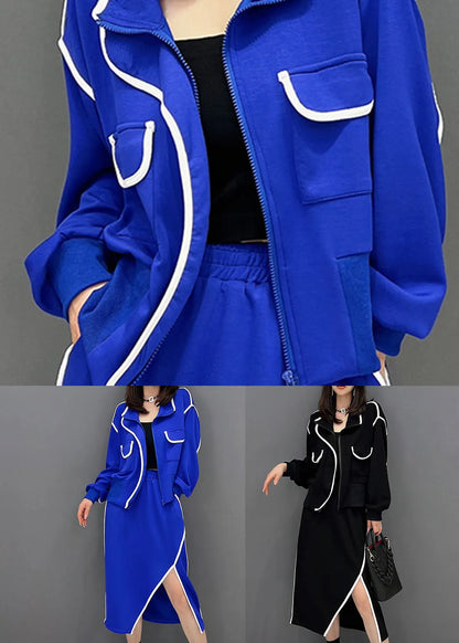 Classy Black Zip Up Side Open Cotton Two-piece Set Fall