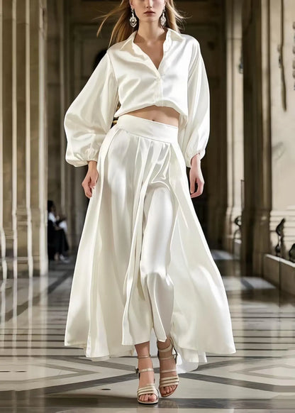 French Milk White Draping Fine Silk Two Piece Set Clothing Spring
