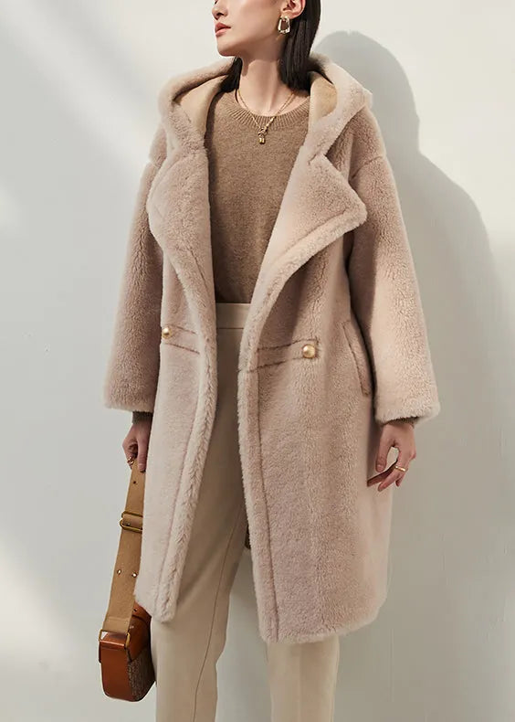 Apricot Button Pockets Woolen Winter Coat Hooded