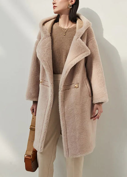 Apricot Button Pockets Woolen Winter Coat Hooded
