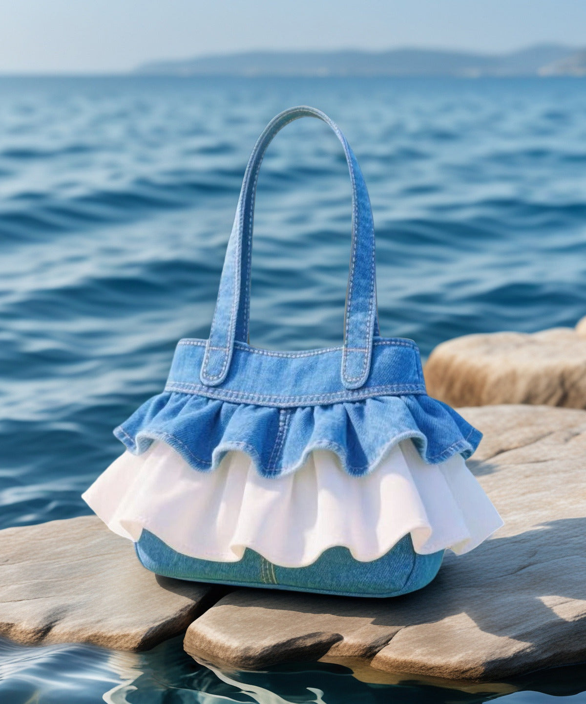 Blue Ruffled Patchwork Lace Denim Handbags