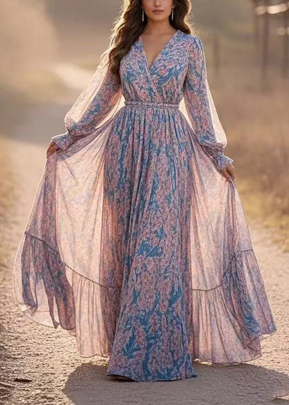 Blue Patchwork Tunic Chiffon Long Dresses Lantern Sleeve