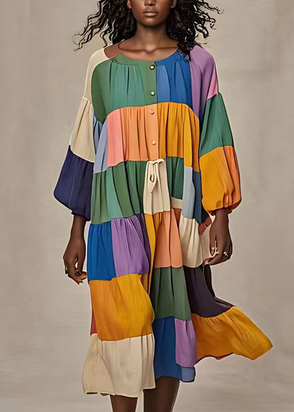 Button Lace Up Patchwork Cotton Long Dresses Long Sleeve