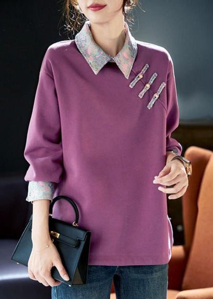 Purple Peter Pan Collar Patchwork Cotton Sweatshirts Spring