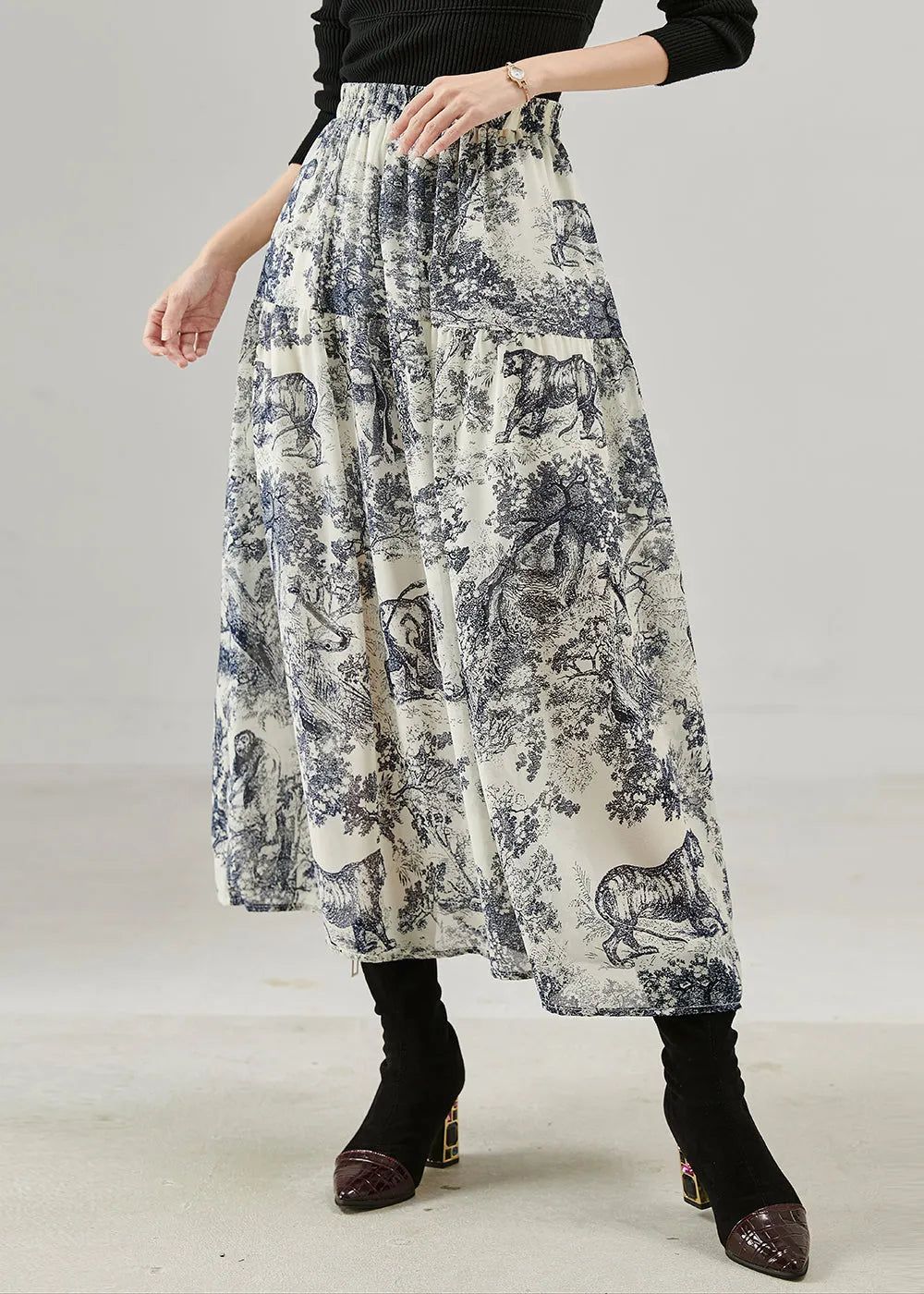 Blue Print Cotton Skirts Elastic Waist Spring