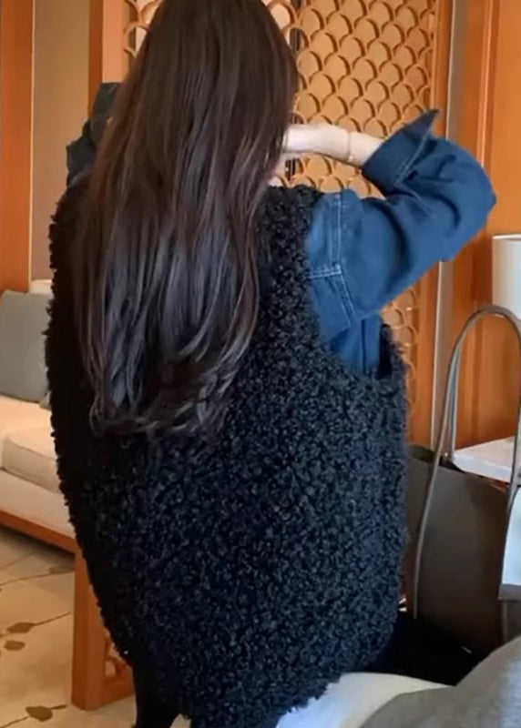 Black Oversized Faux Fur Vests and Denim Shirts Two Pieces Set Winter