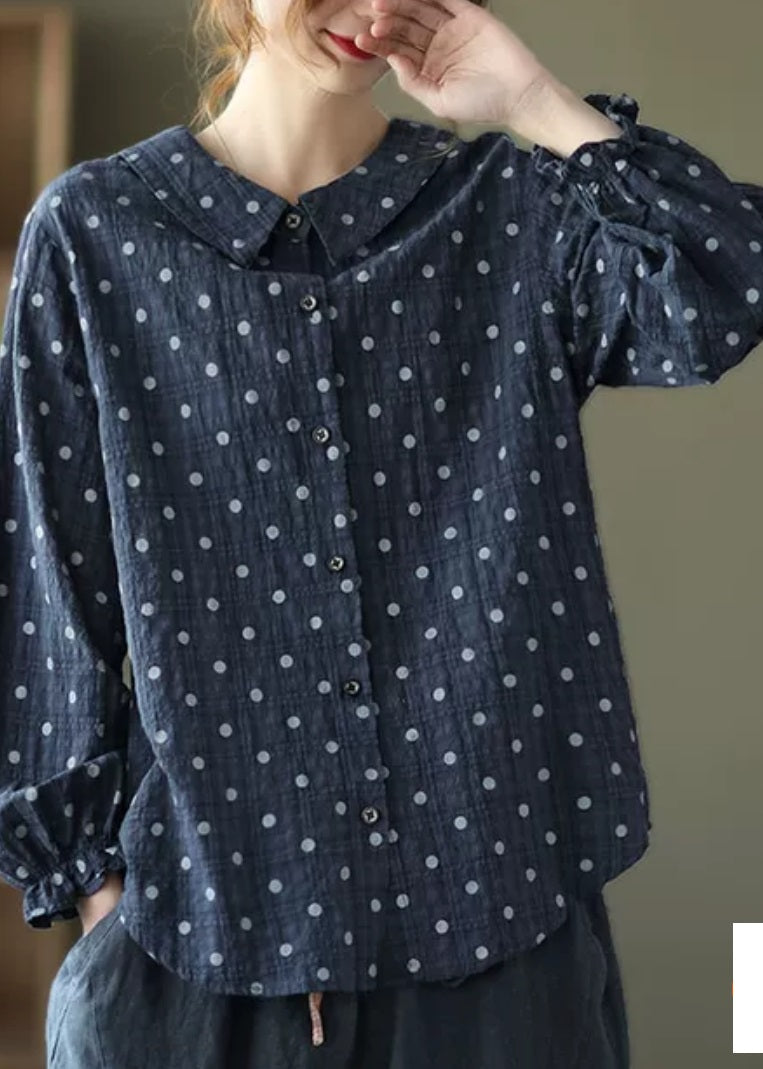 Navy Button Peter Pan Collar Dot Print Shirt Top Lantern Sleeve Fall