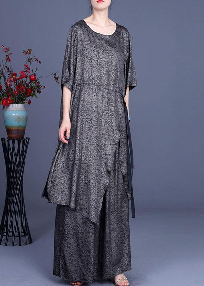 Simple Khaki Print Silk Tie Waist Wide Leg Two Pieces Set