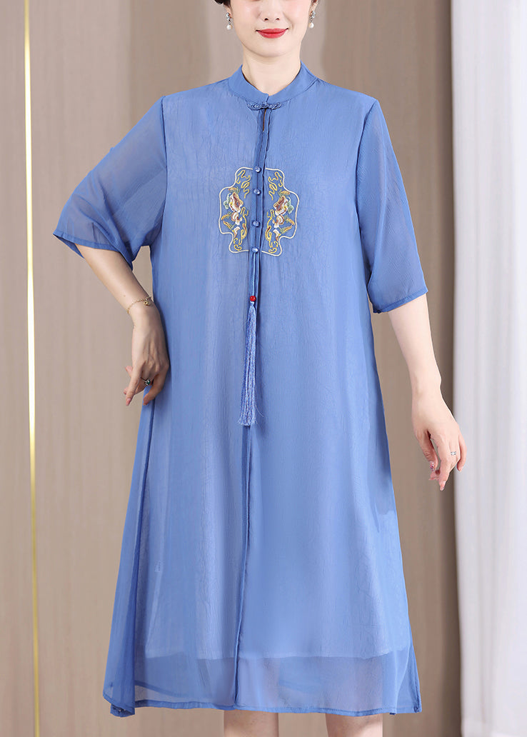 Blue Tasseled Button Patchwork Dresses Summer